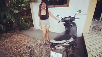 Asian beauty with big tits and pigtails gets down and dirty on her scooter